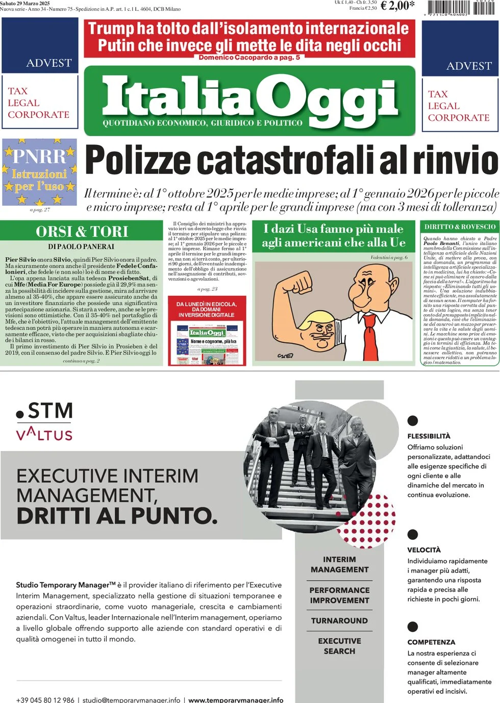 anteprima della prima pagina di italiaoggi del 29/03/2025