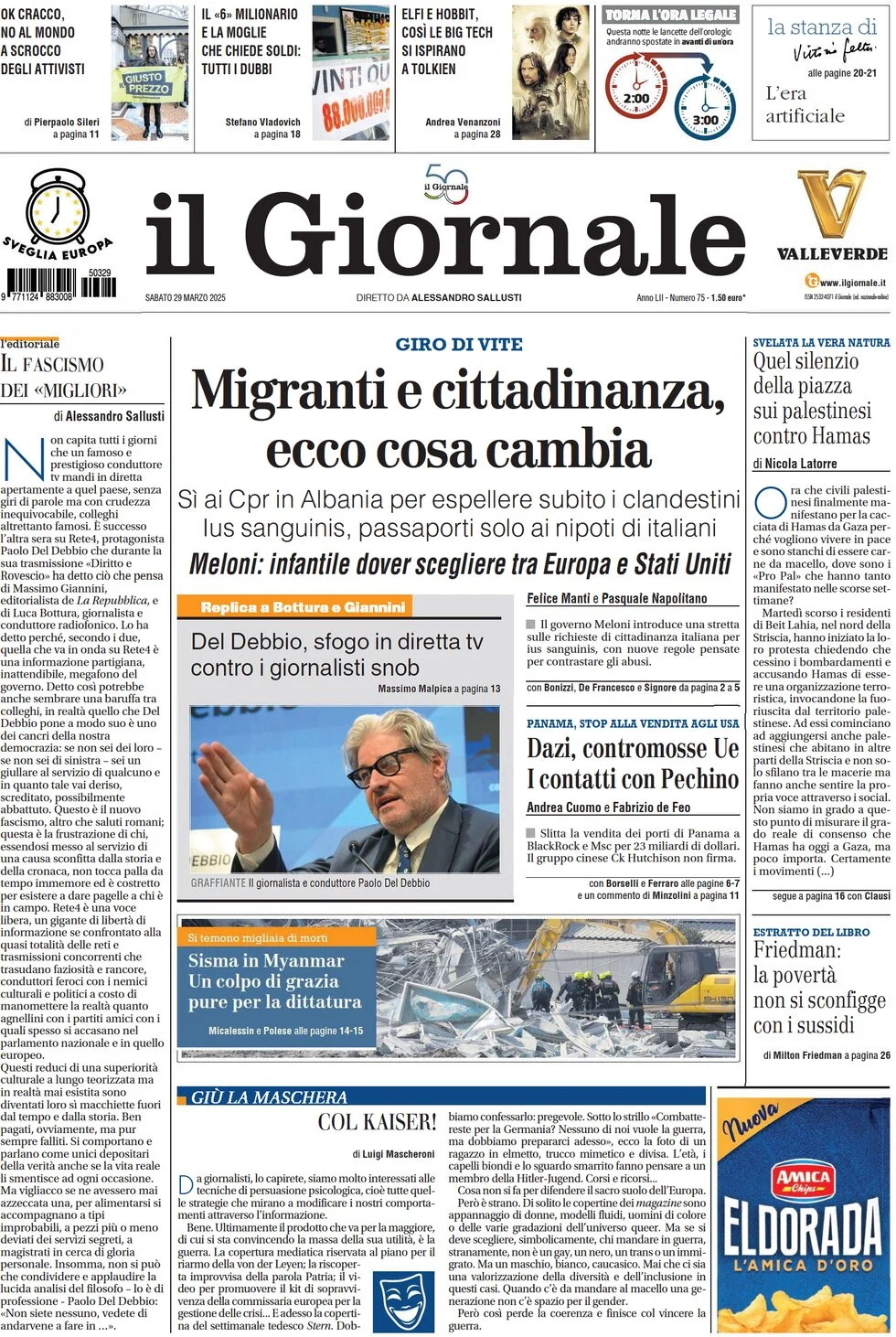 anteprima della prima pagina di il-giornale del 29/03/2025