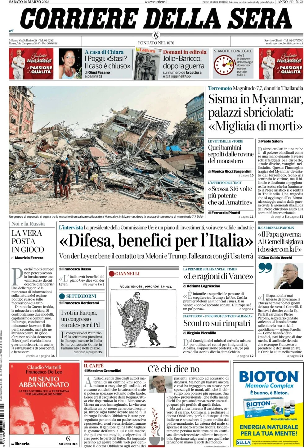 anteprima della prima pagina di corriere-della-sera del 29/03/2025