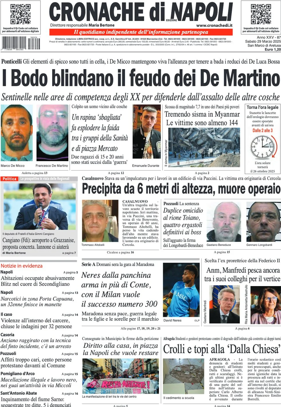 anteprima della prima pagina di cronache-di-napoli del 29/03/2025