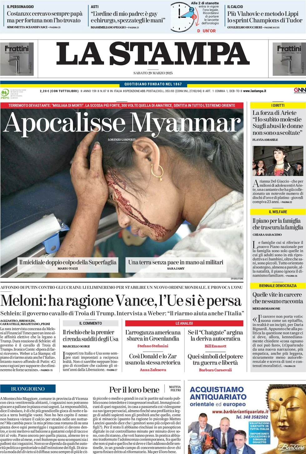 anteprima della prima pagina di la-stampa del 29/03/2025