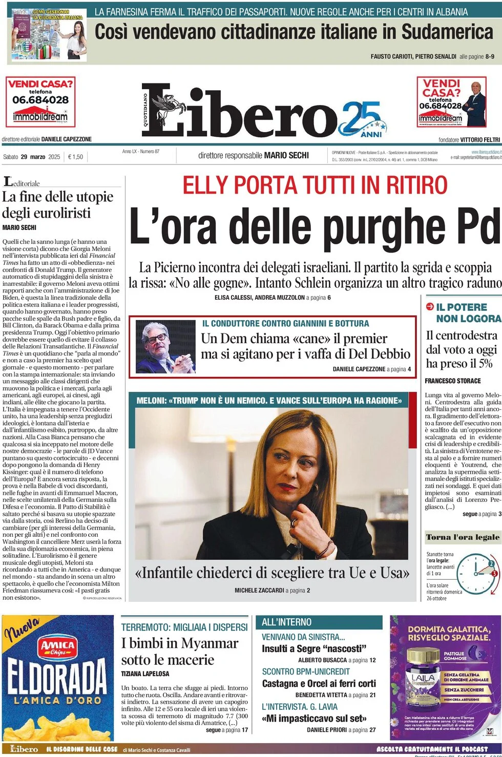 anteprima della prima pagina di libero-quotidiano del 29/03/2025