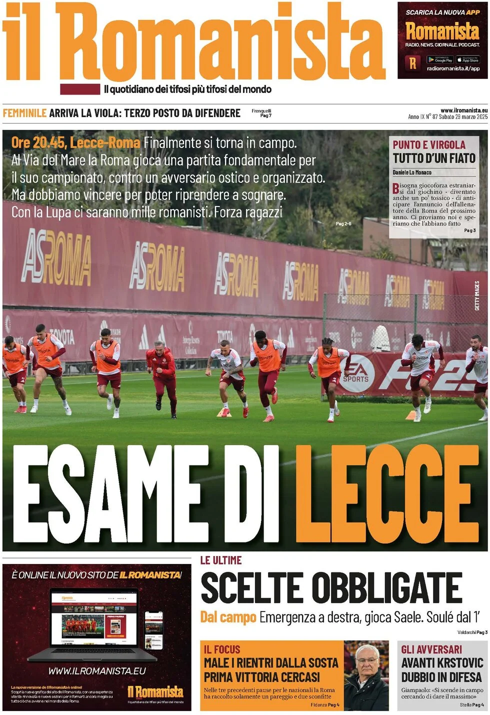 anteprima della prima pagina di il-romanista del 29/03/2025