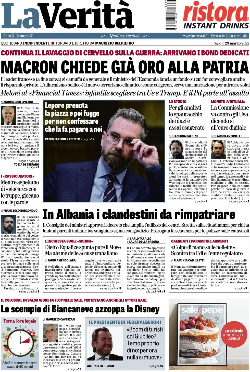 anteprima della prima pagina di la-verit del 29/03/2025