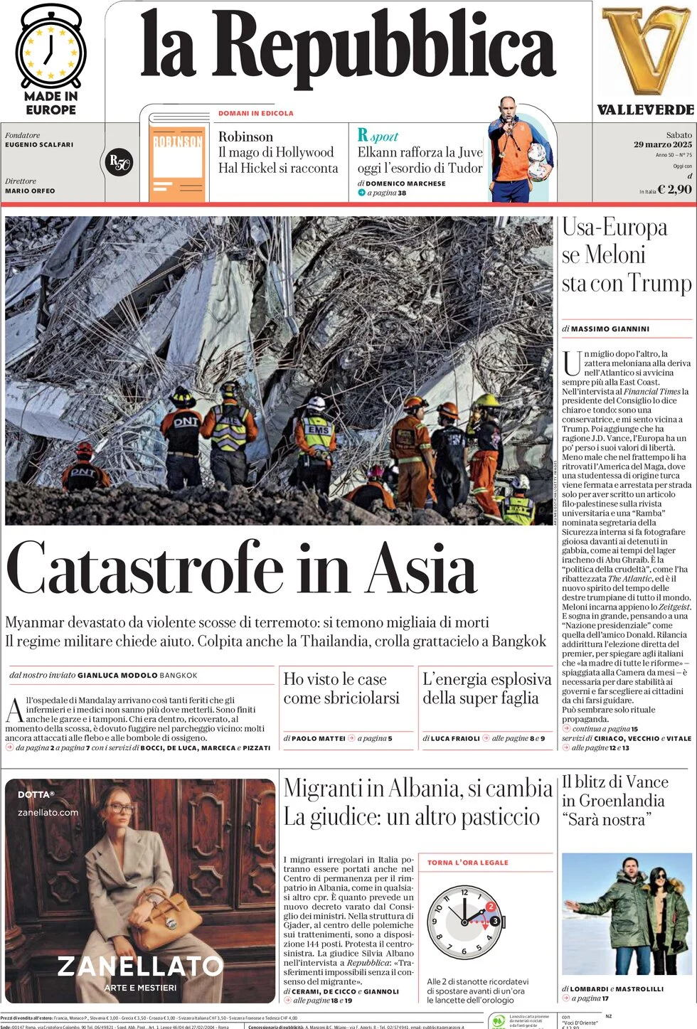 anteprima della prima pagina di la-repubblica del 29/03/2025