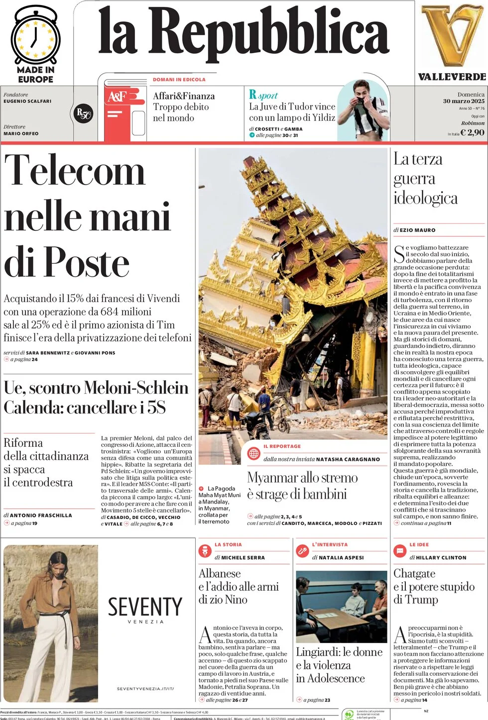 anteprima della prima pagina di la-repubblica del 30/03/2025