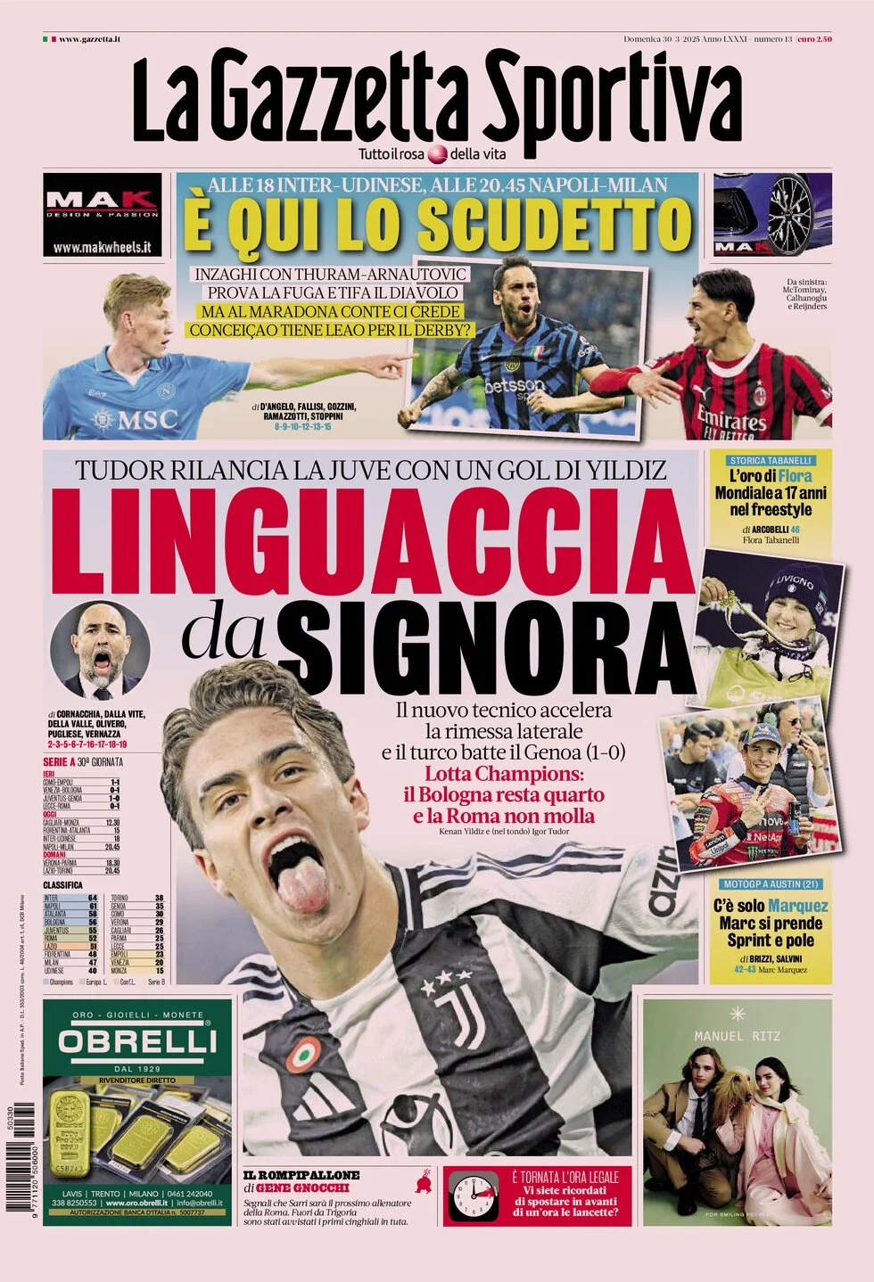 anteprima della prima pagina di la-gazzetta-dello-sport del 30/03/2025