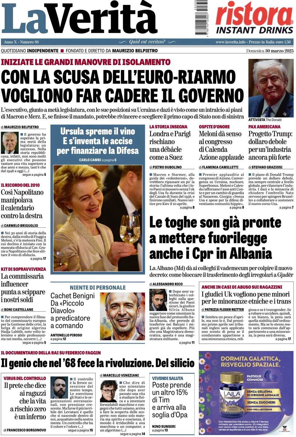 anteprima della prima pagina di la-verit del 30/03/2025
