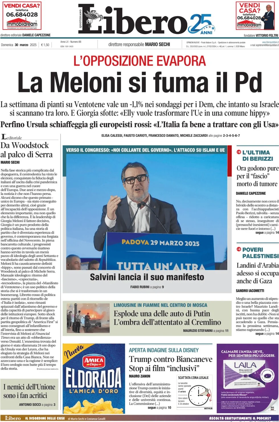 anteprima della prima pagina di libero-quotidiano del 30/03/2025