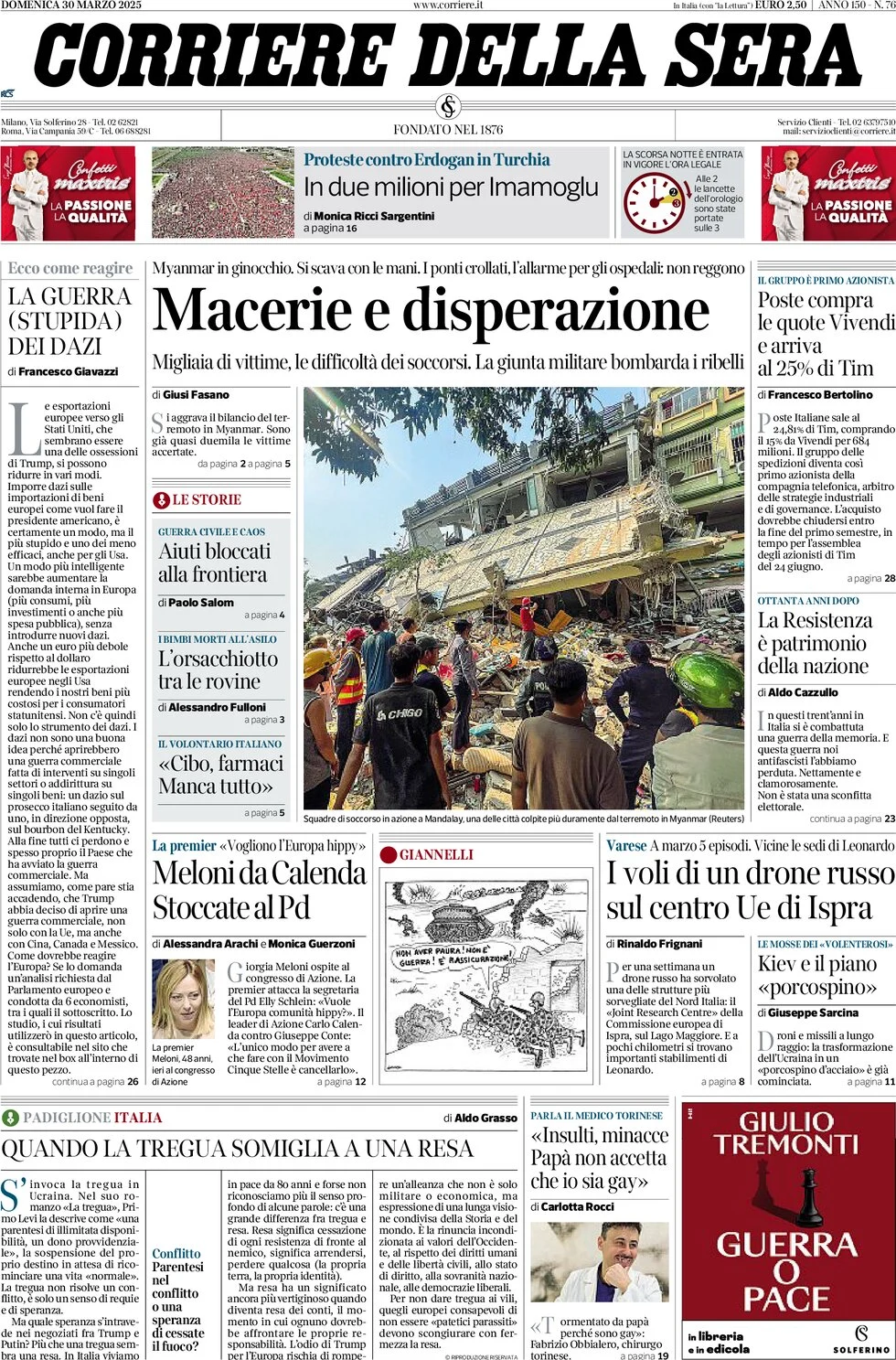 anteprima della prima pagina di corriere-della-sera del 30/03/2025