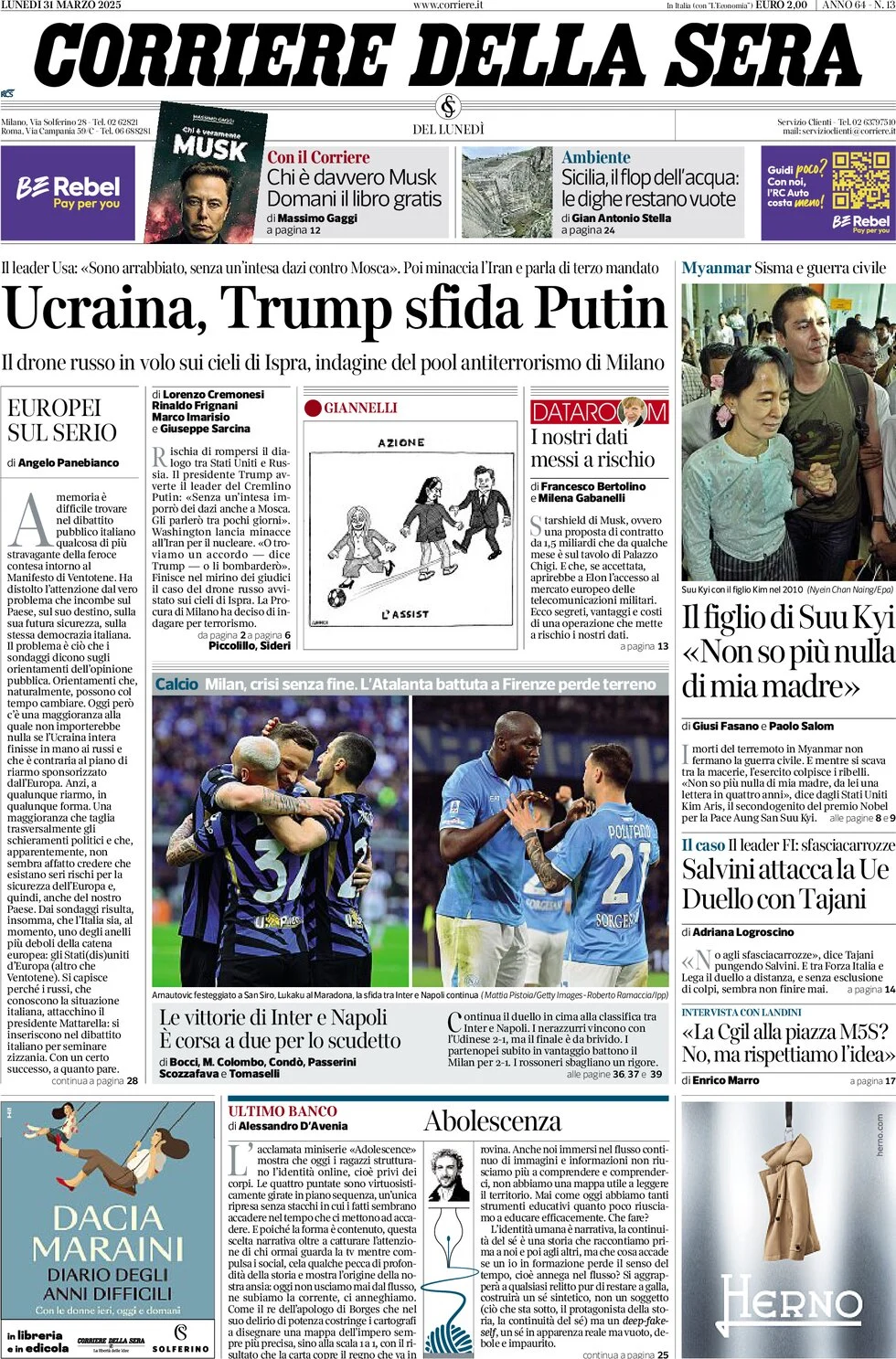 anteprima della prima pagina di corriere-della-sera del 31/03/2025