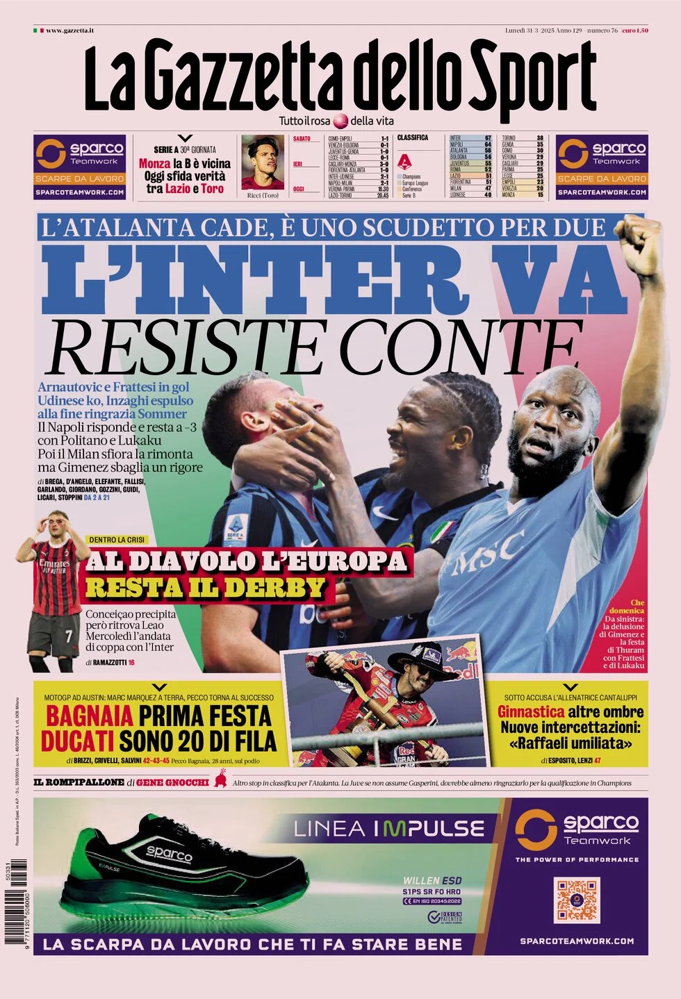 anteprima della prima pagina di la-gazzetta-dello-sport del 31/03/2025