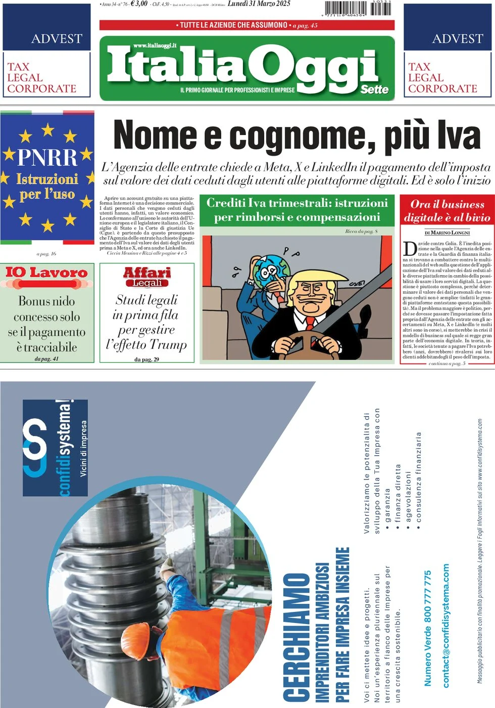 anteprima della prima pagina di italiaoggi del 31/03/2025