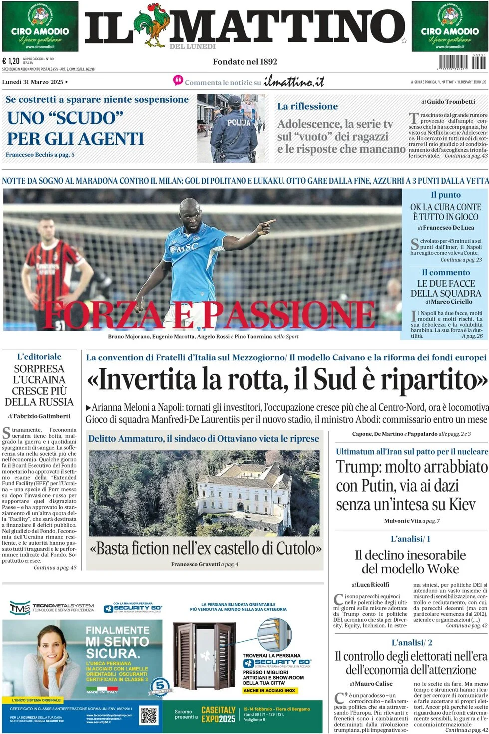 anteprima della prima pagina di il-mattino del 31/03/2025