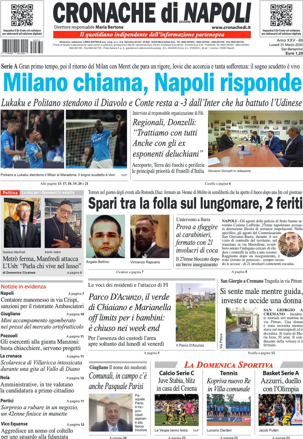 anteprima della prima pagina di cronache-di-napoli del 31/03/2025