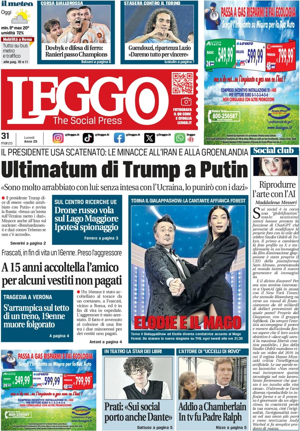 anteprima della prima pagina di leggo-roma del 31/03/2025