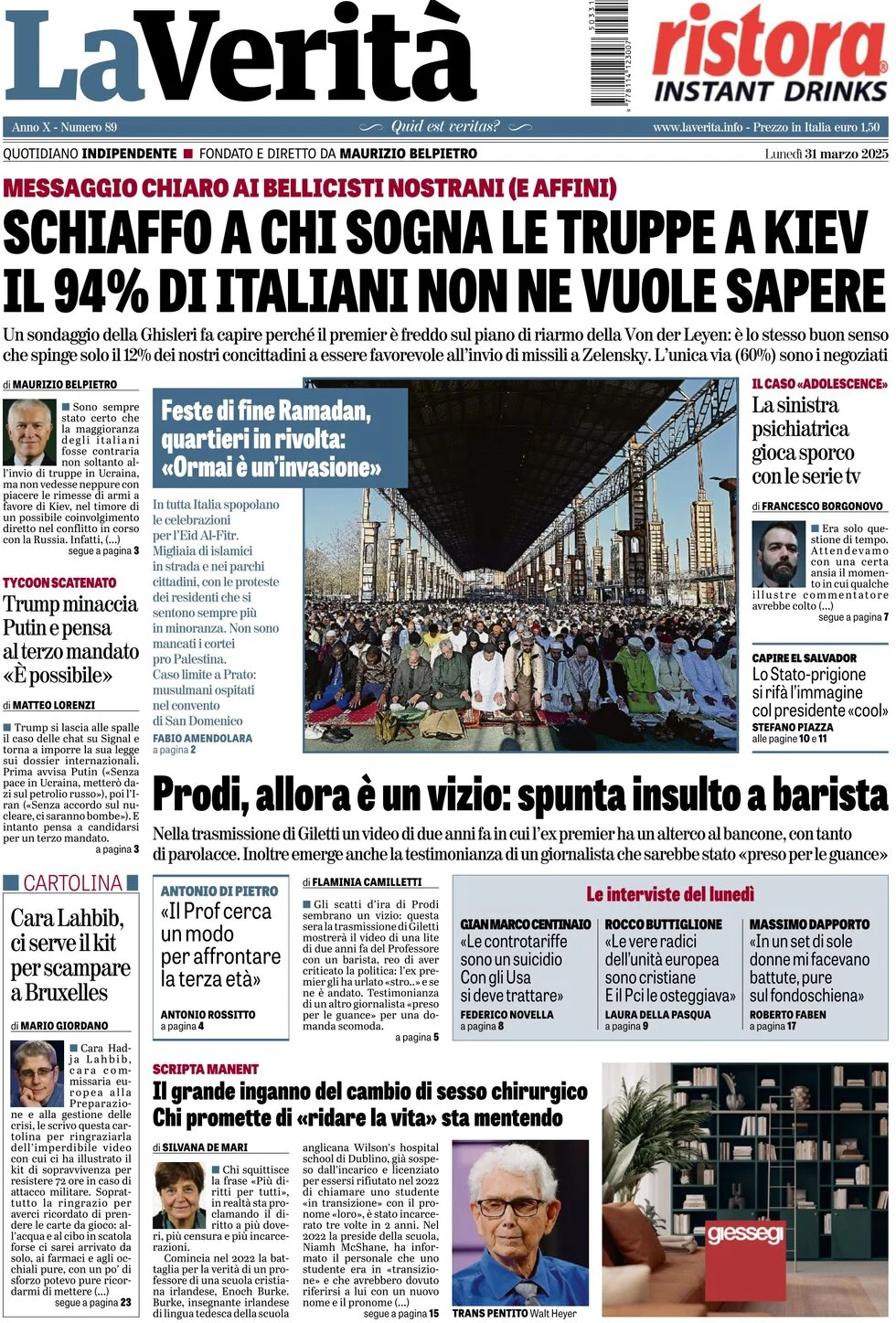 anteprima della prima pagina di la-verit del 31/03/2025