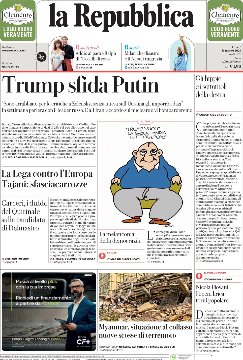 anteprima della prima pagina di la-repubblica del 31/03/2025