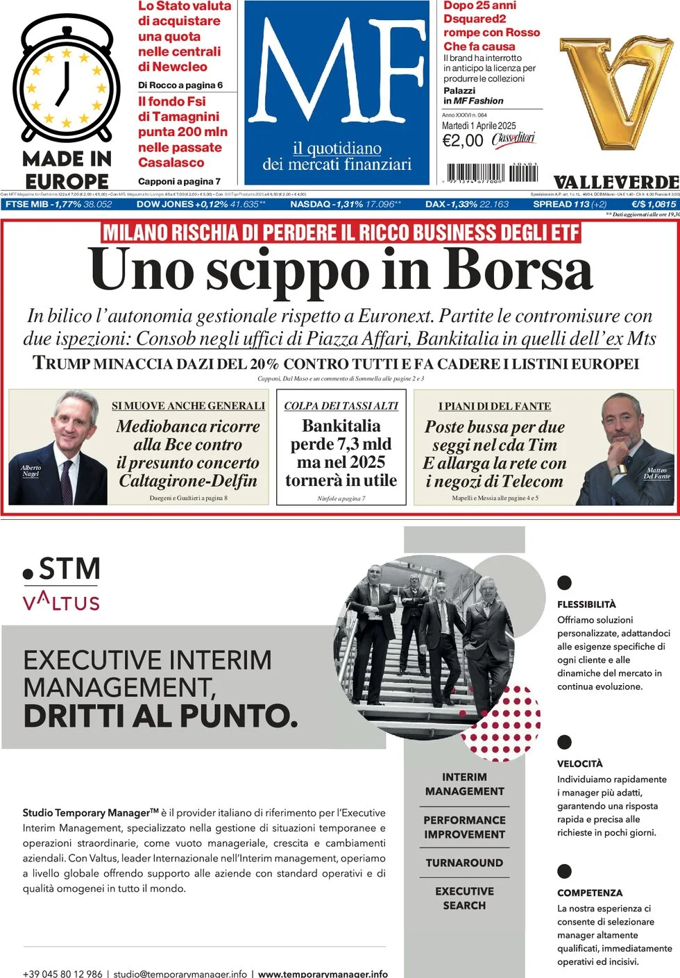 anteprima della prima pagina di mf-milano-finanza del 01/04/2025