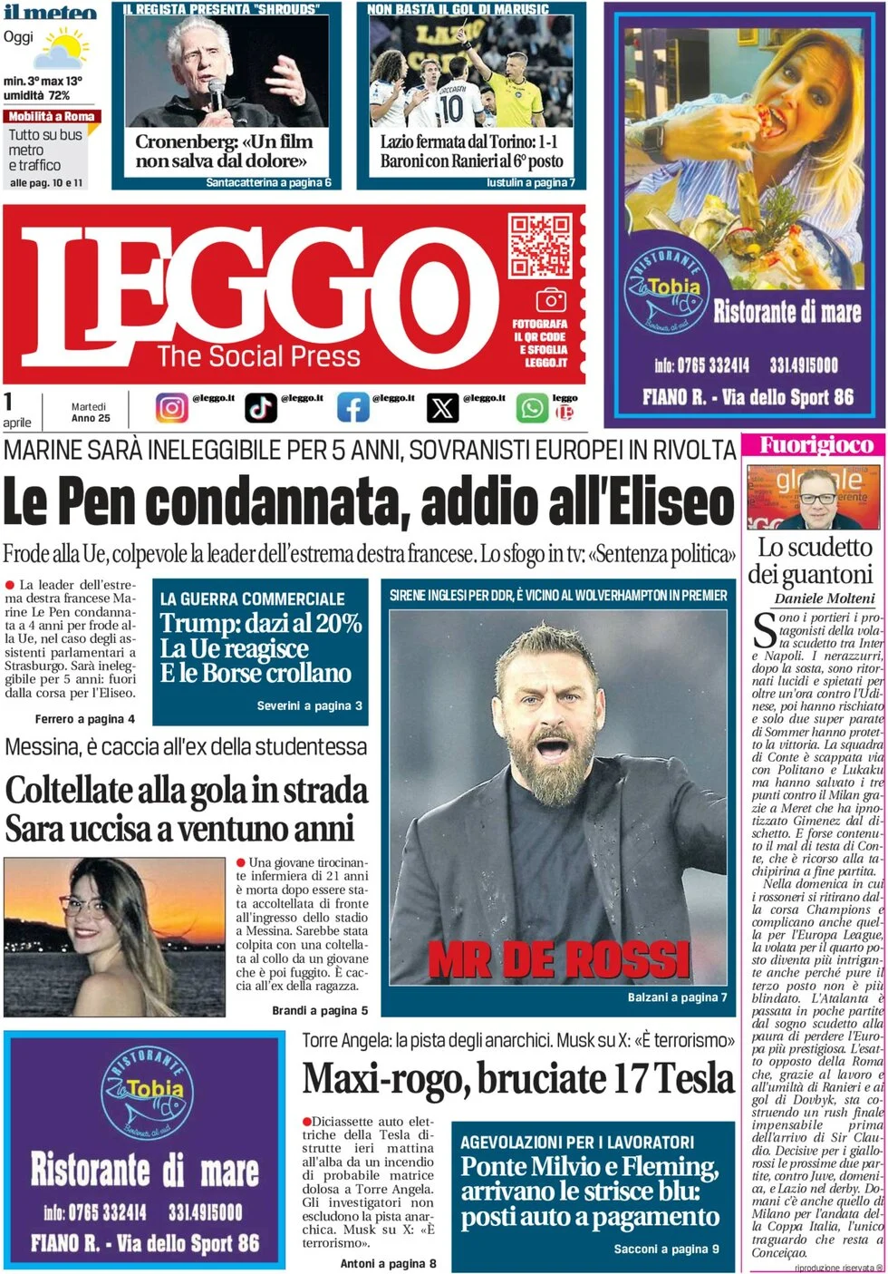 anteprima della prima pagina di leggo-roma del 01/04/2025