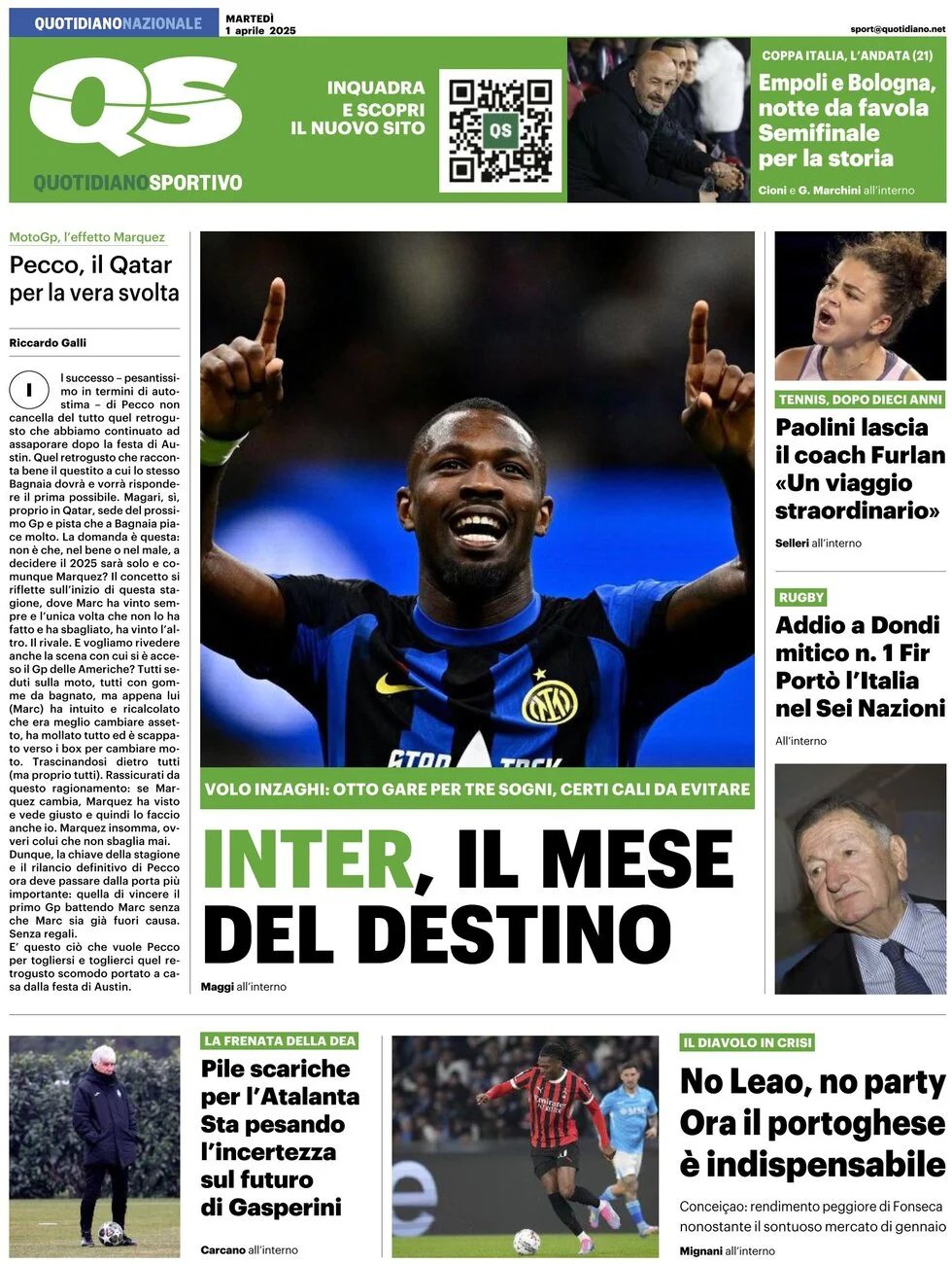 anteprima della prima pagina di qs-quotidiano-sportivo del 01/04/2025
