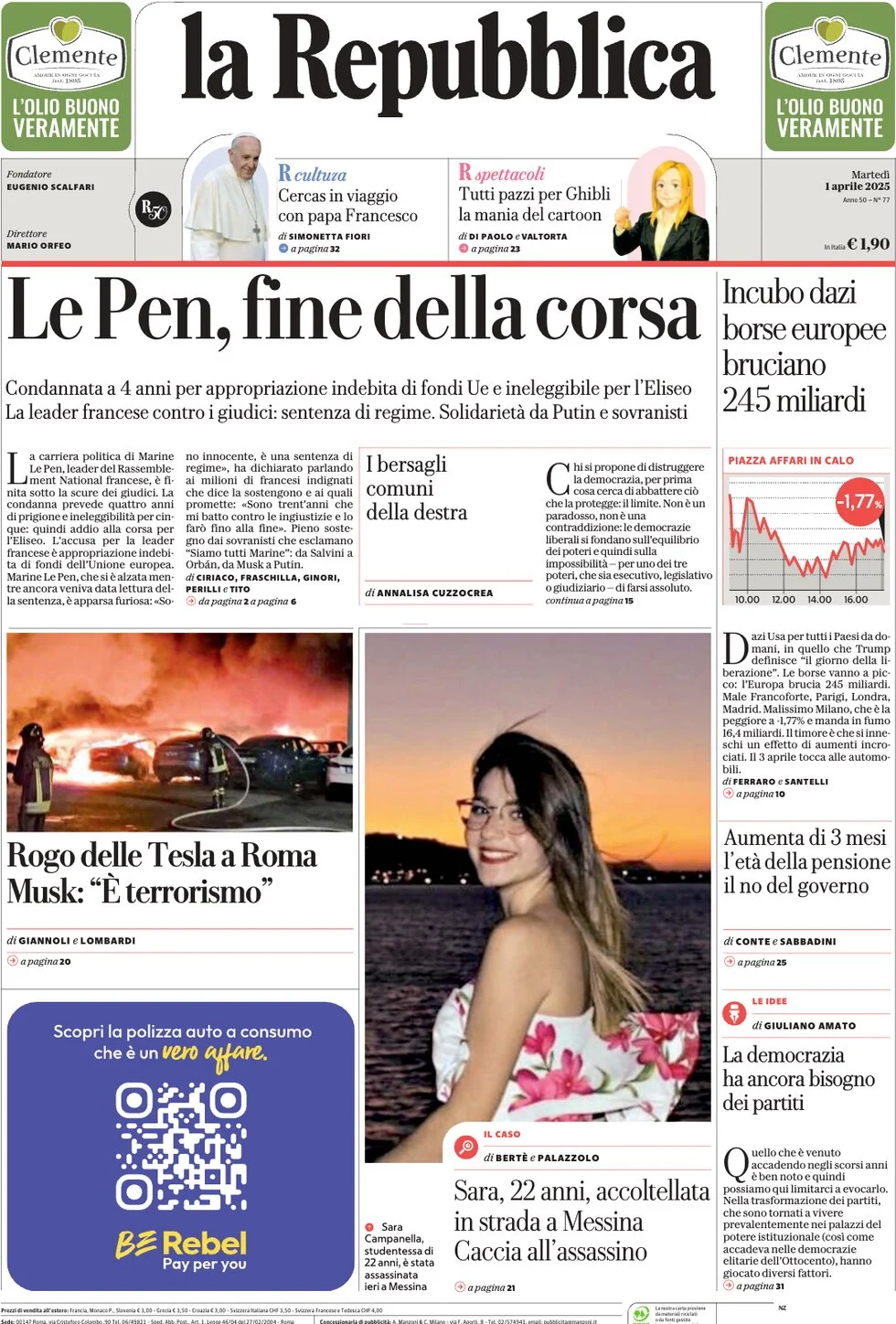 anteprima della prima pagina di la-repubblica del 01/04/2025