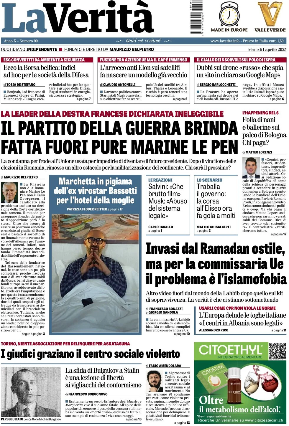 anteprima della prima pagina di la-verit del 01/04/2025