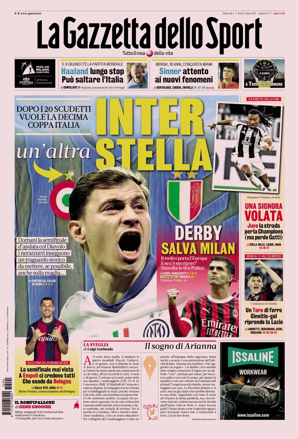 anteprima della prima pagina di la-gazzetta-dello-sport del 01/04/2025