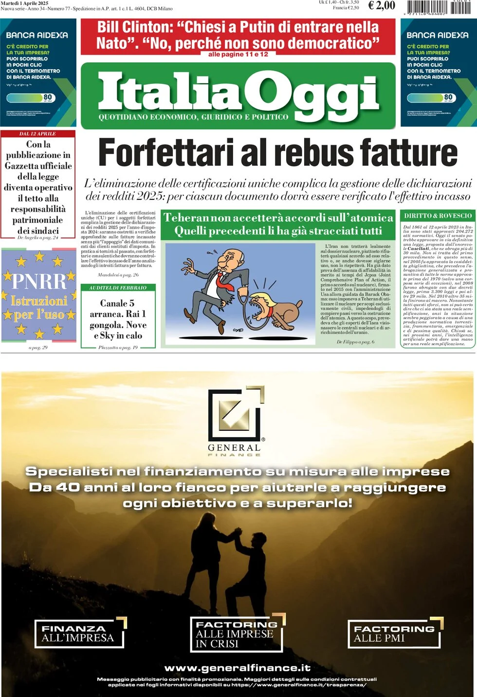 anteprima della prima pagina di italiaoggi del 01/04/2025