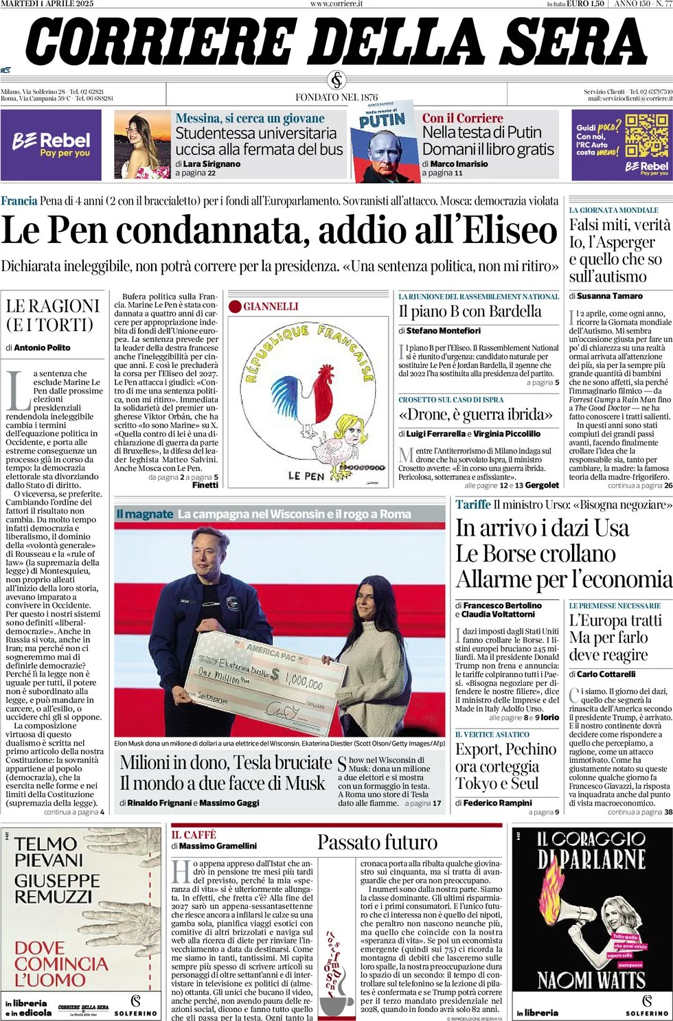 anteprima della prima pagina di corriere-della-sera del 01/04/2025