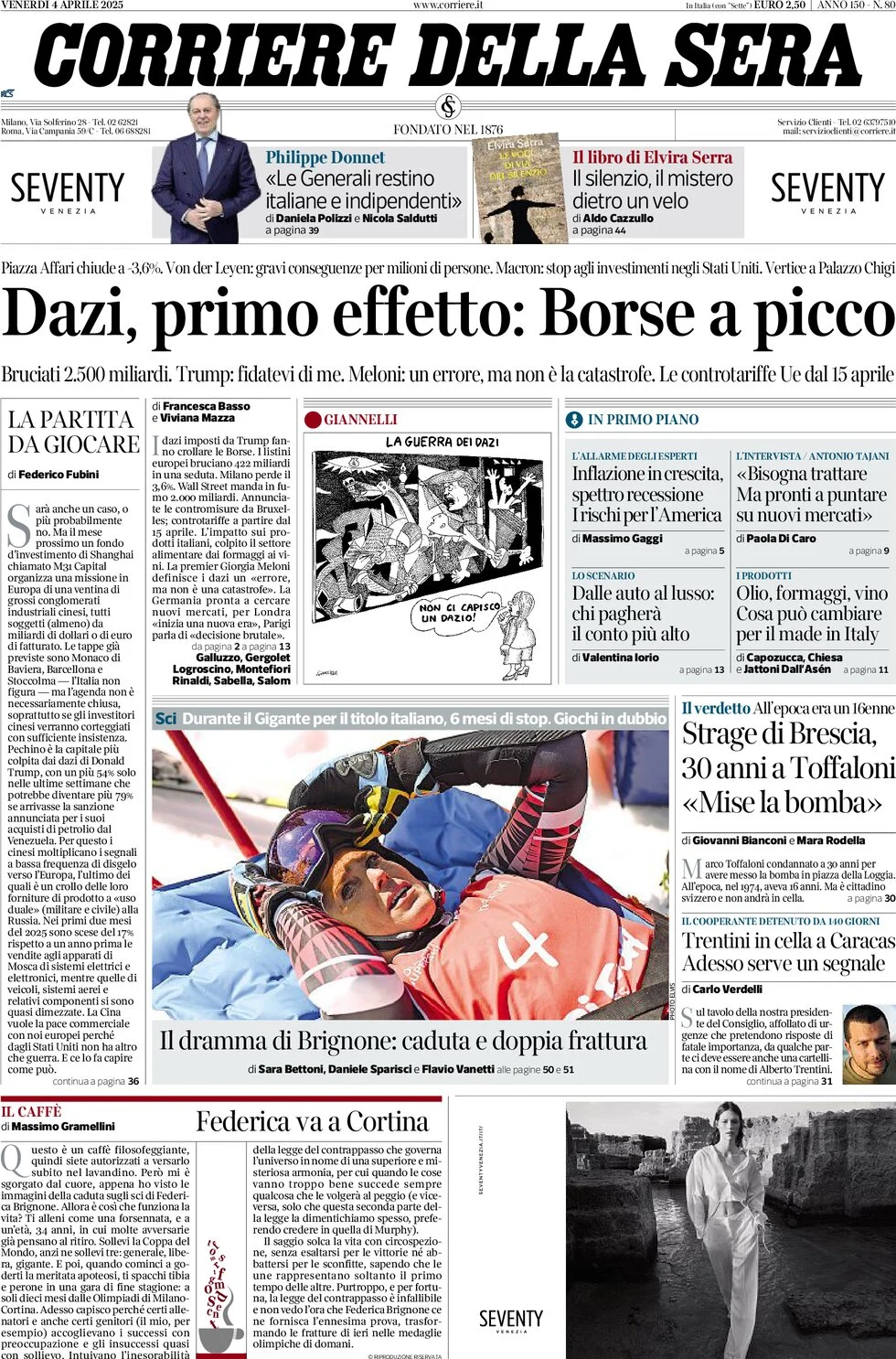 anteprima della prima pagina di corriere-della-sera del 04/04/2025