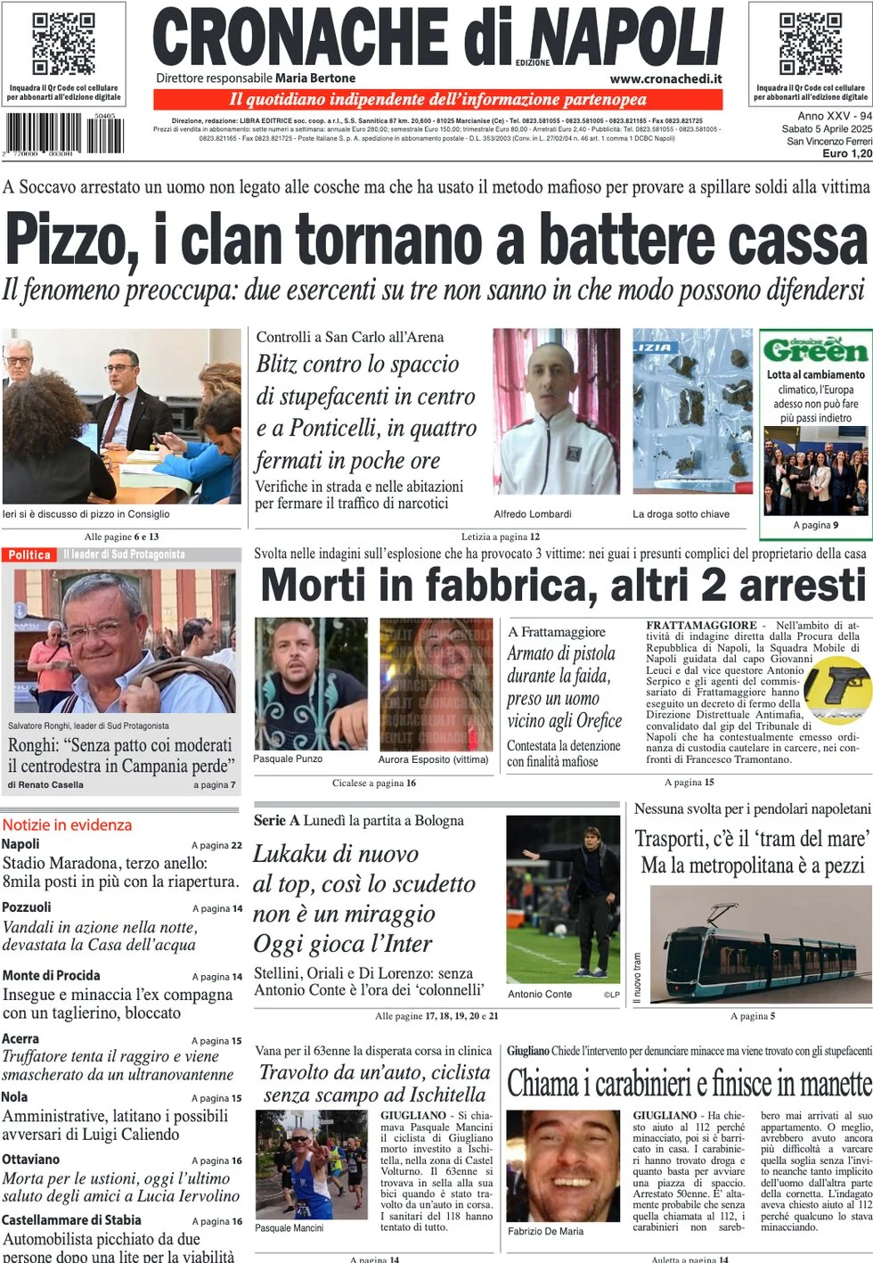 anteprima della prima pagina di cronache-di-napoli del 05/04/2025