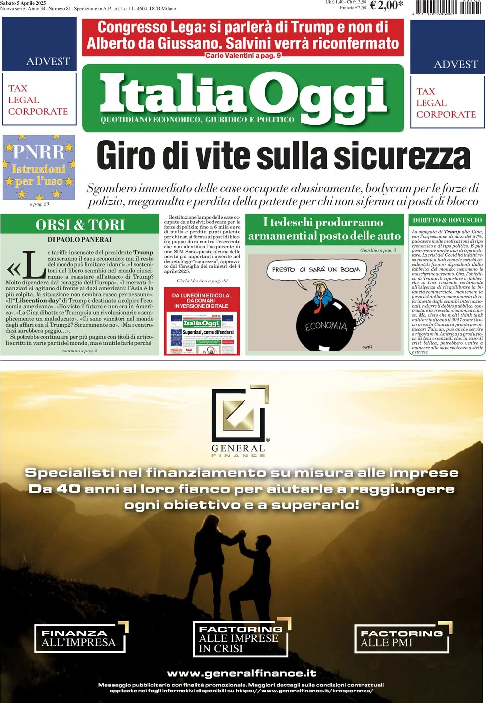 anteprima della prima pagina di italiaoggi del 05/04/2025
