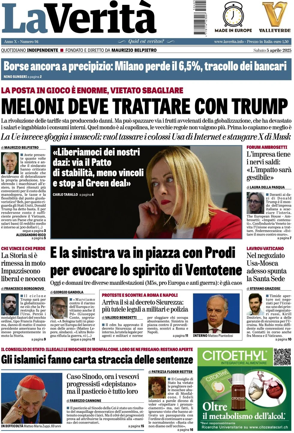 anteprima della prima pagina di la-verit del 05/04/2025