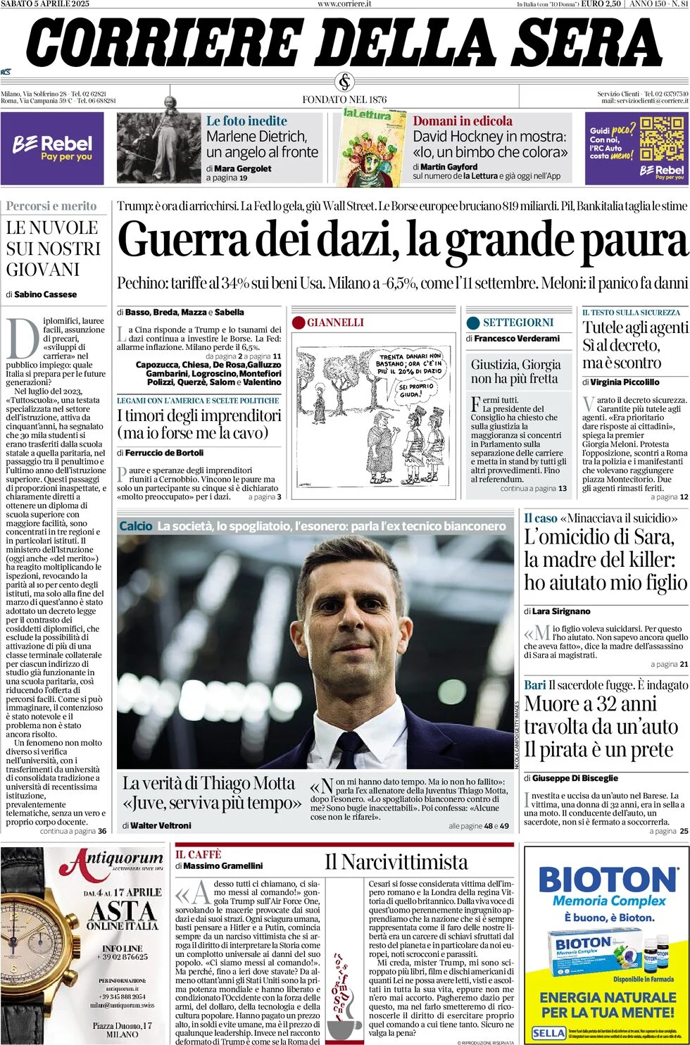 anteprima della prima pagina di corriere-della-sera del 05/04/2025