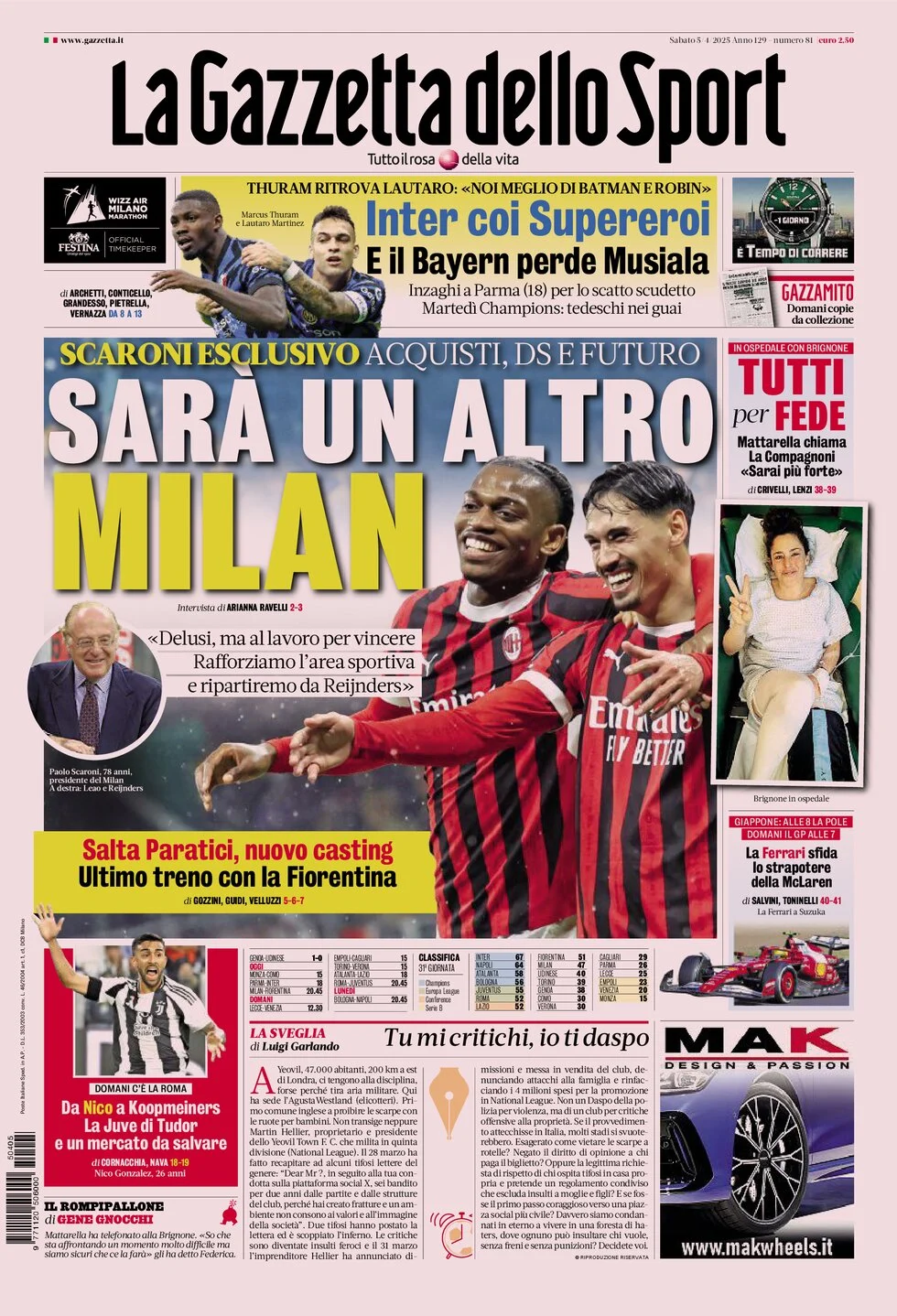 anteprima della prima pagina di la-gazzetta-dello-sport del 05/04/2025