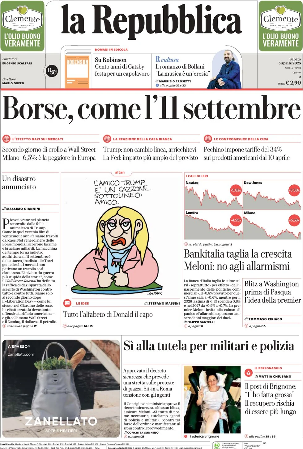 anteprima della prima pagina di la-repubblica del 05/04/2025