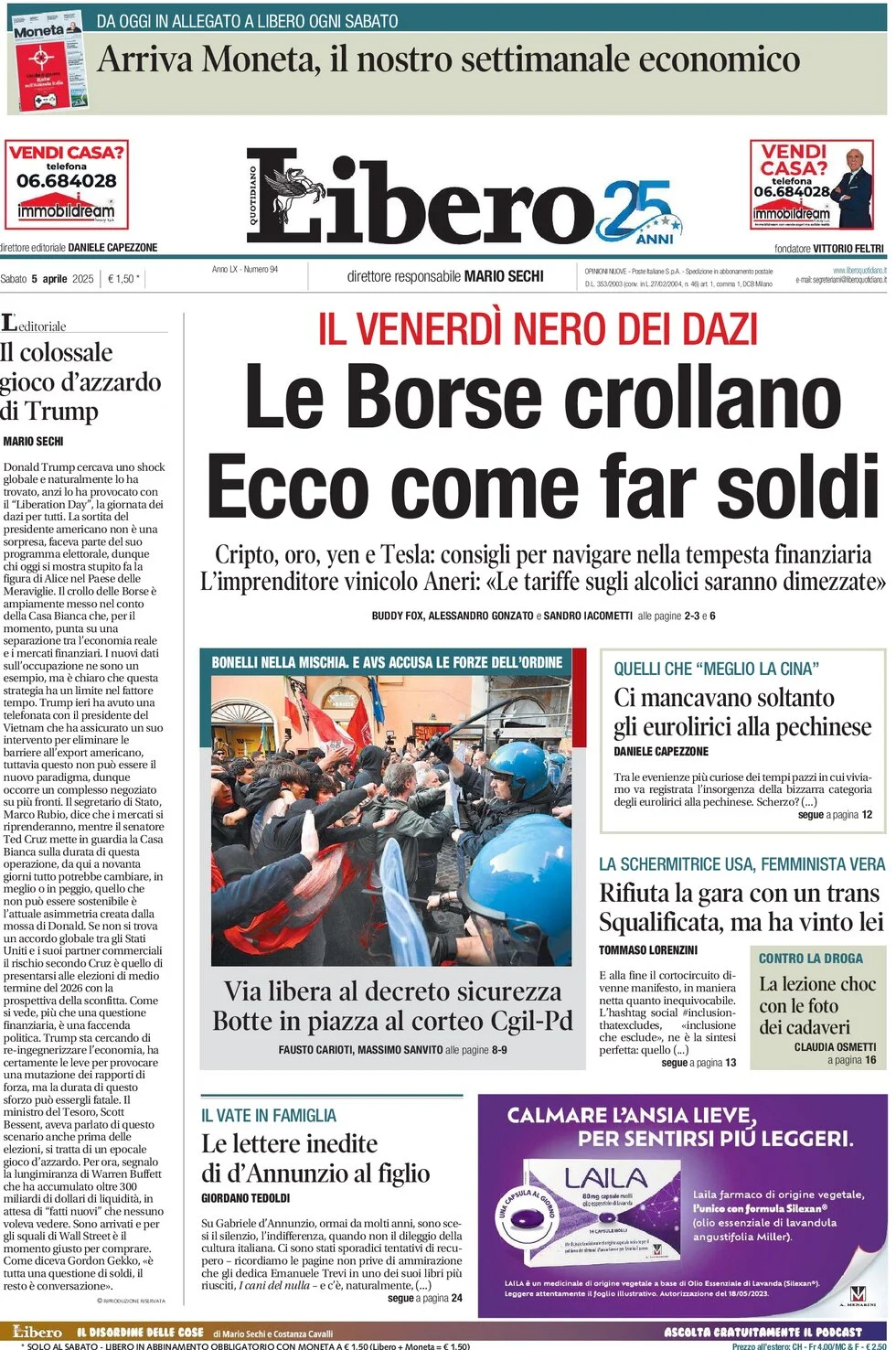 anteprima della prima pagina di libero-quotidiano del 05/04/2025
