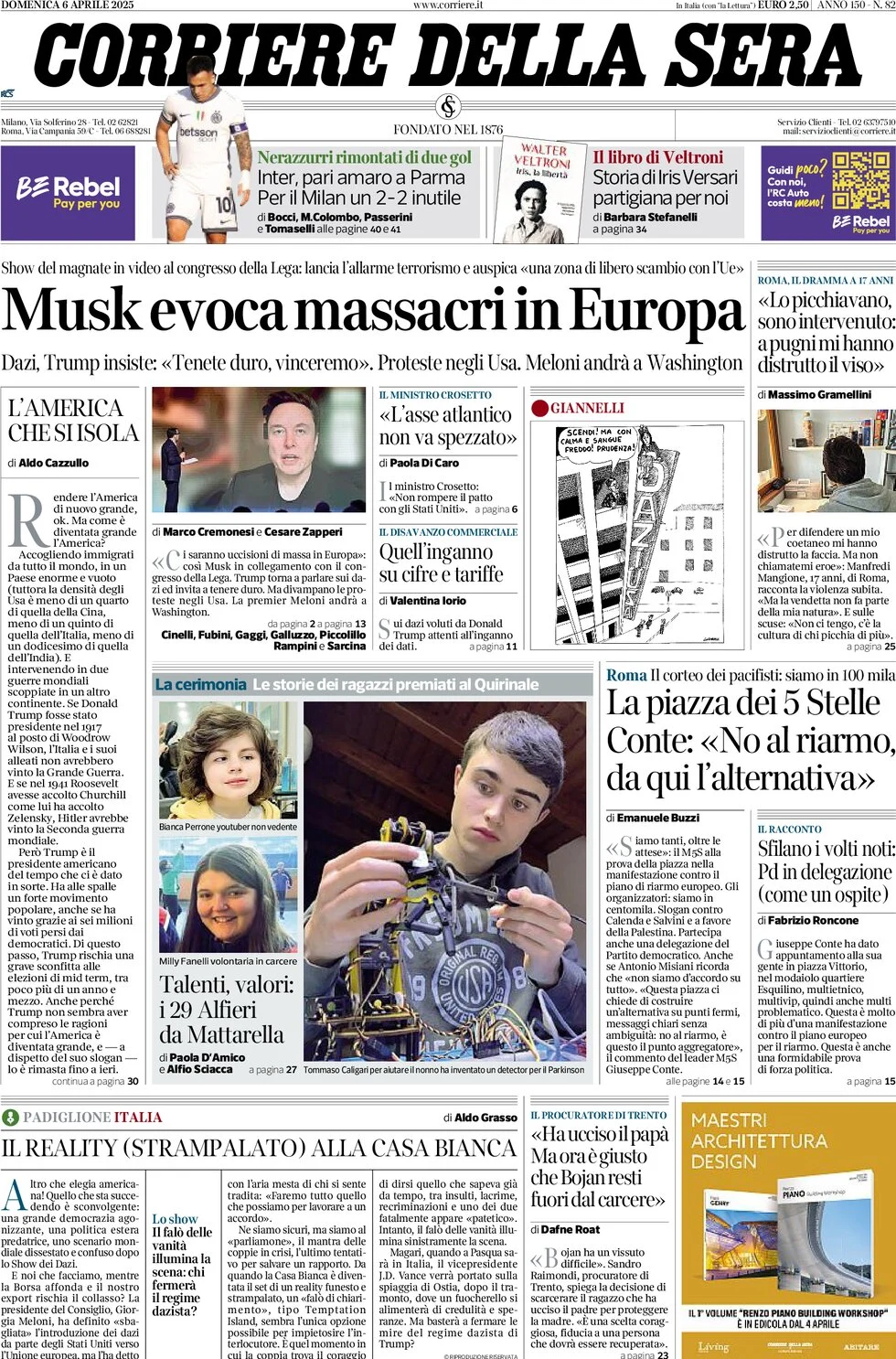 anteprima della prima pagina di corriere-della-sera del 06/04/2025