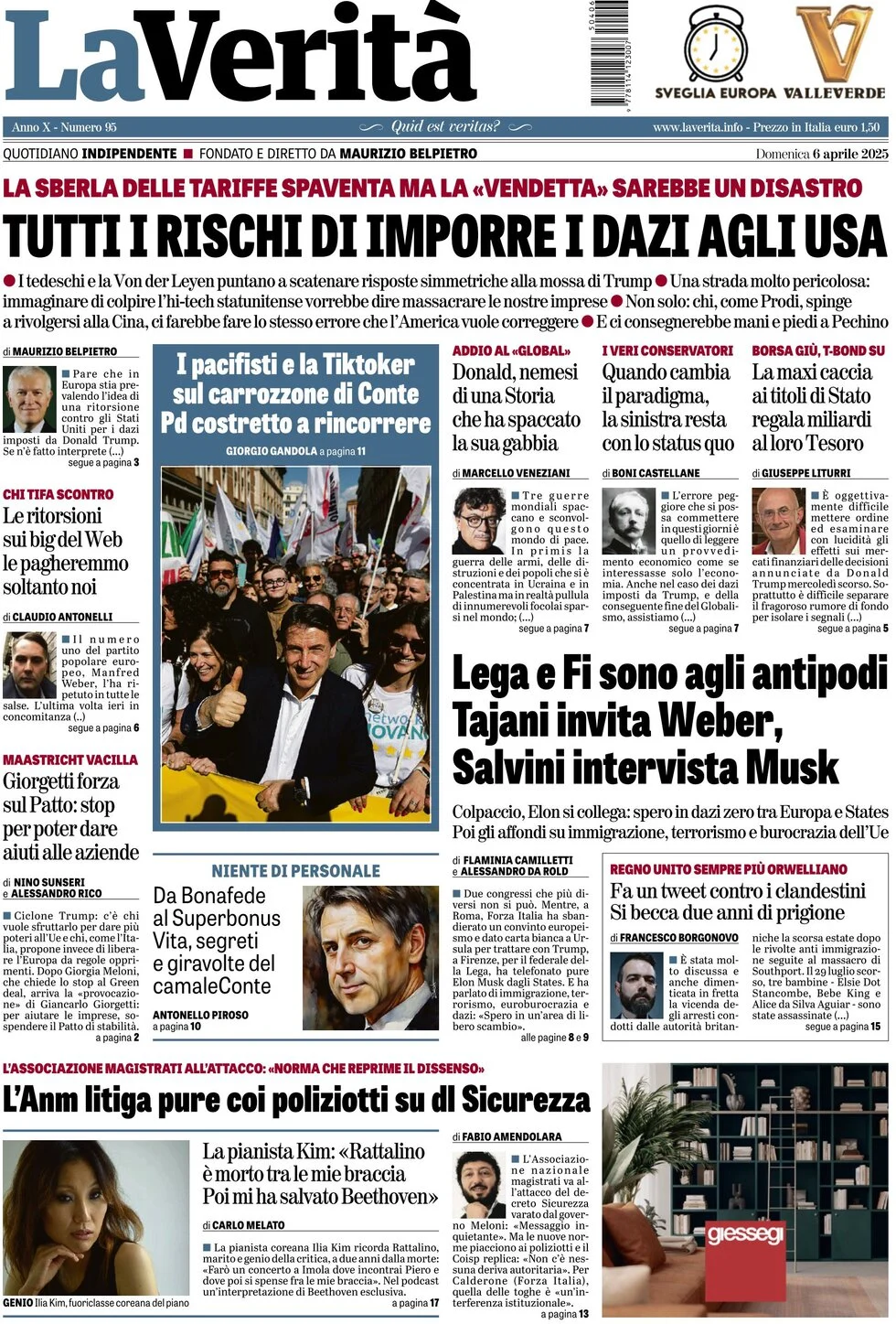 anteprima della prima pagina di la-verit del 06/04/2025