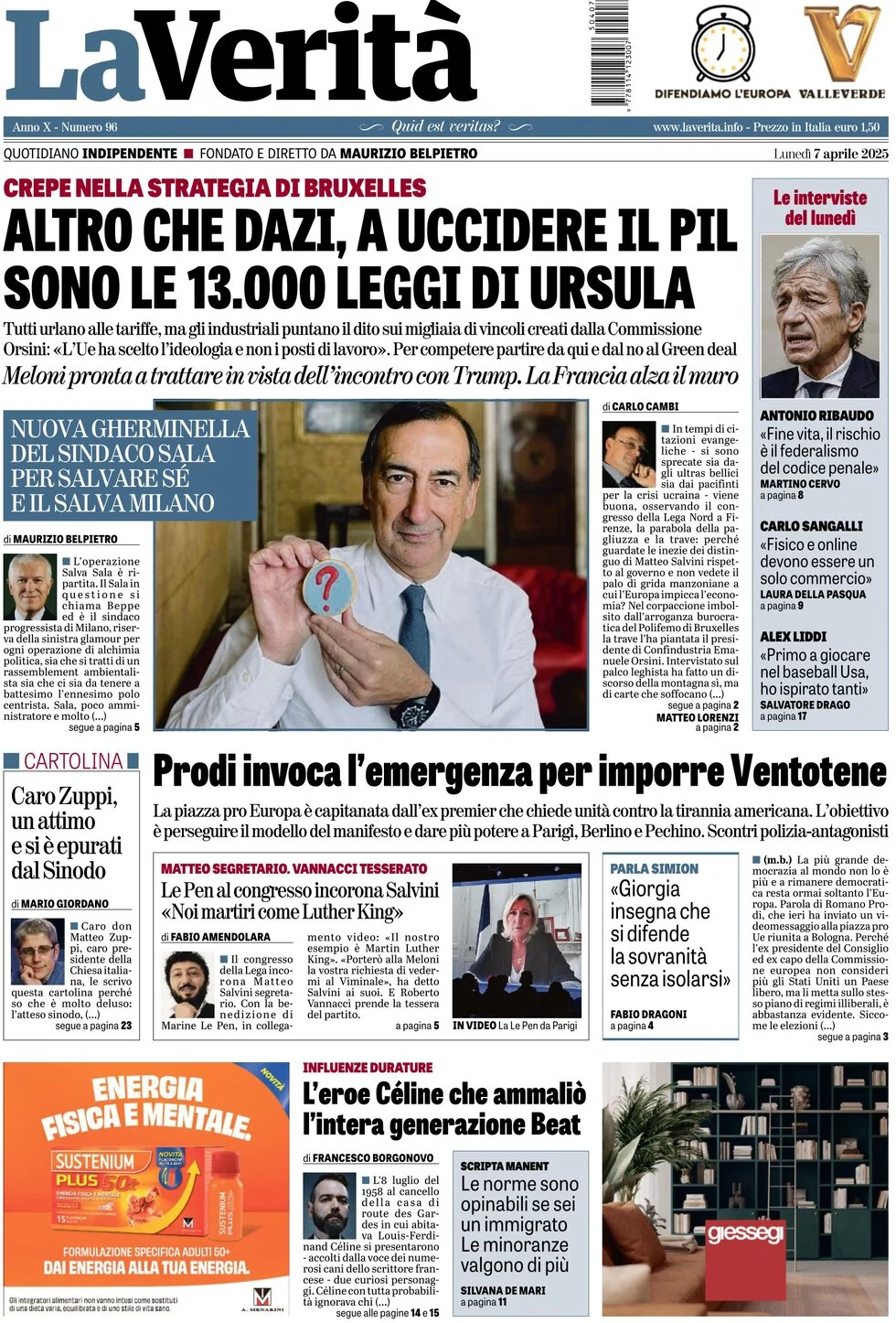 anteprima della prima pagina di la-verit del 07/04/2025