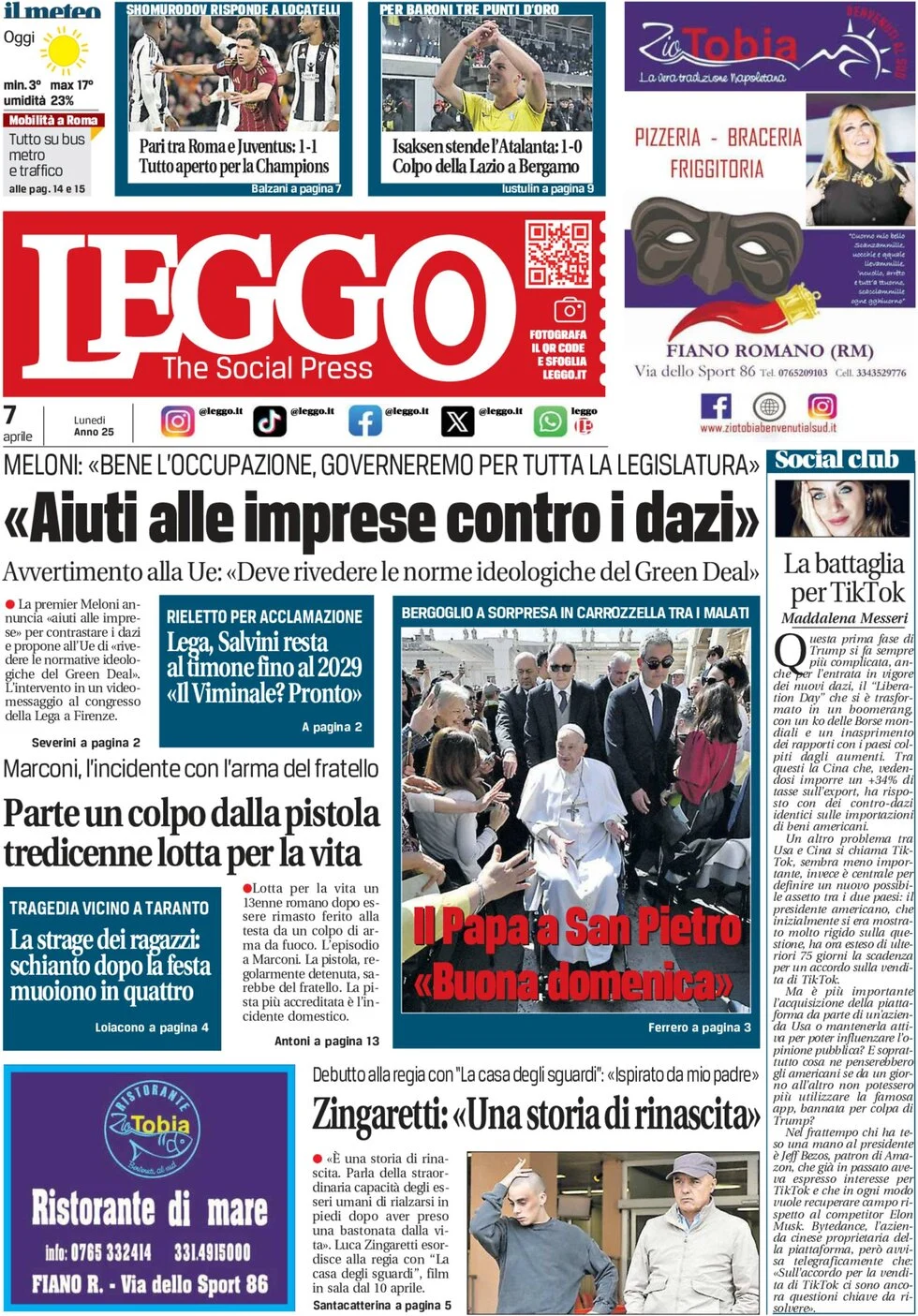anteprima della prima pagina di leggo-roma del 07/04/2025