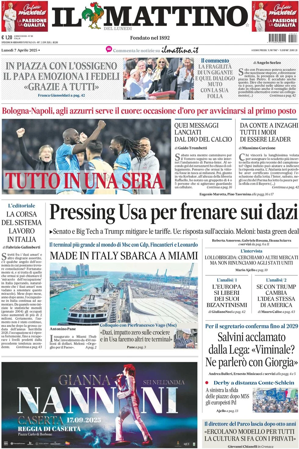 anteprima della prima pagina di il-mattino del 07/04/2025