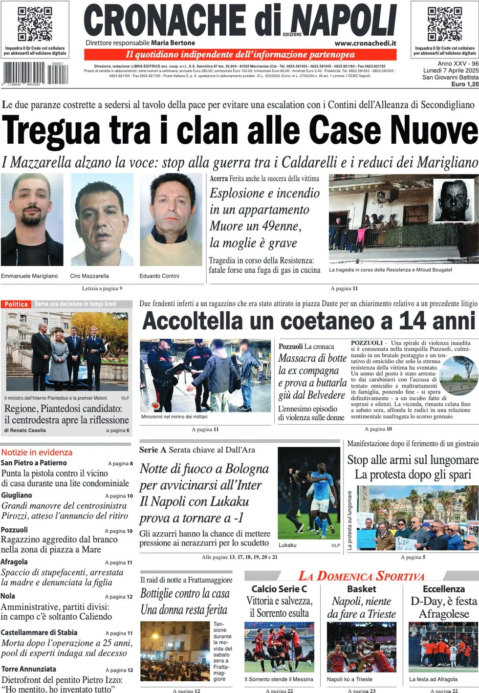anteprima della prima pagina di cronache-di-napoli del 07/04/2025