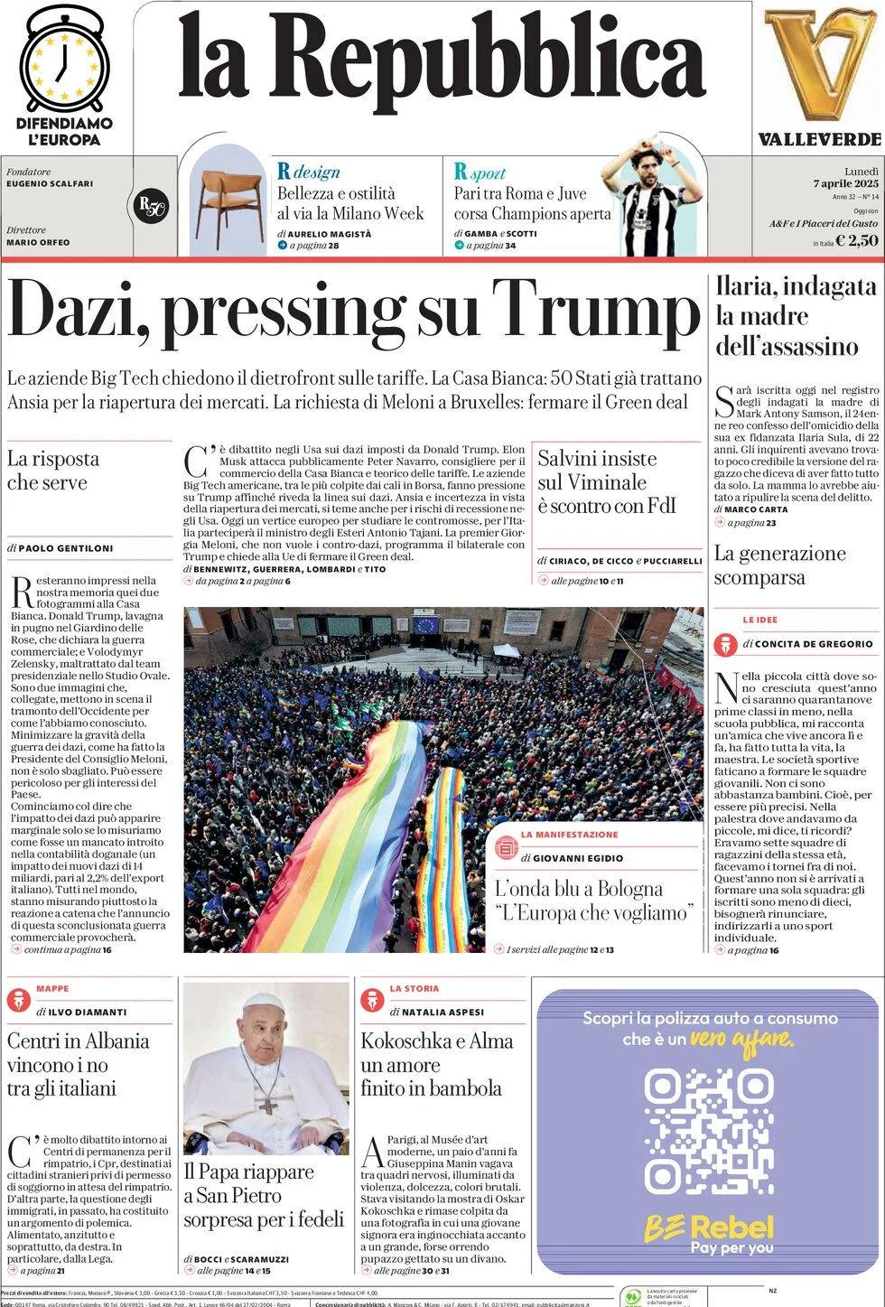 anteprima della prima pagina di la-repubblica del 07/04/2025
