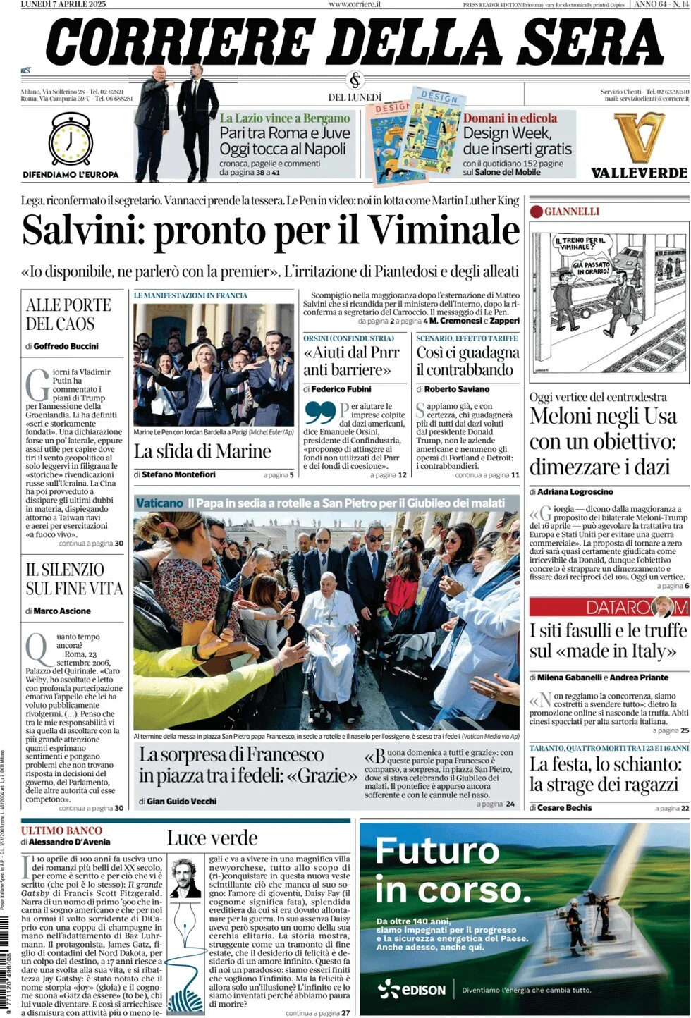 anteprima della prima pagina di corriere-della-sera del 07/04/2025