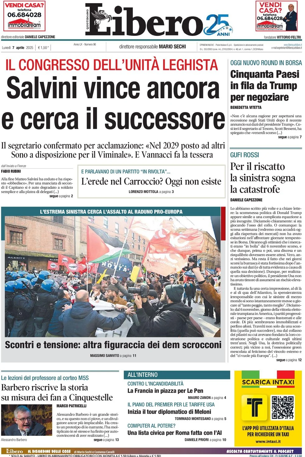 anteprima della prima pagina di libero-quotidiano del 07/04/2025