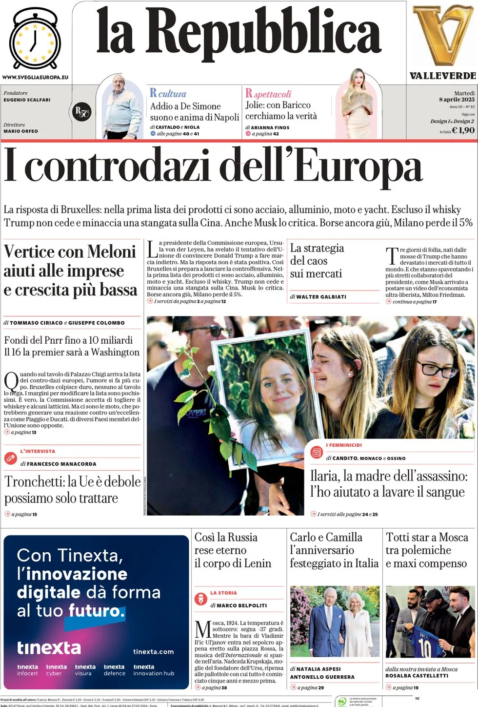 anteprima della prima pagina di la-repubblica del 08/04/2025