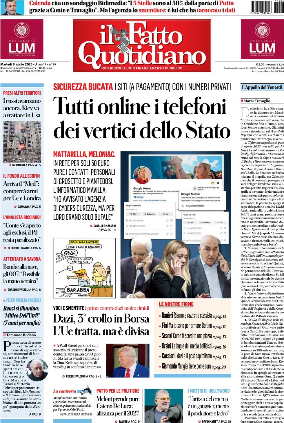 anteprima della prima pagina di il-fatto-quotidiano del 08/04/2025