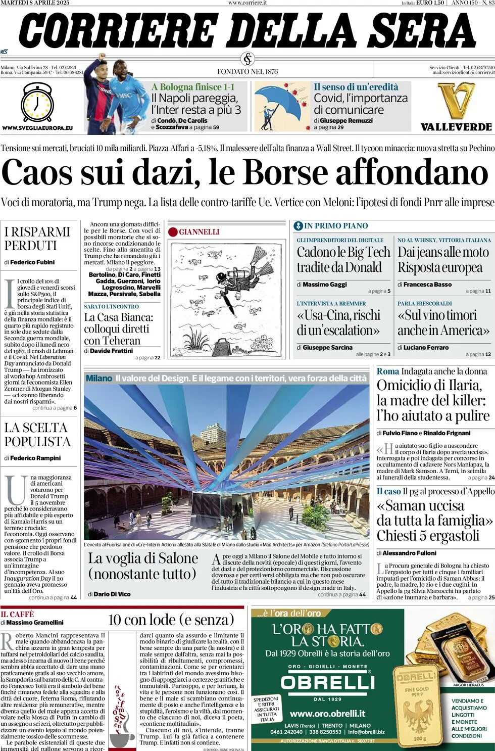 anteprima della prima pagina di corriere-della-sera del 08/04/2025